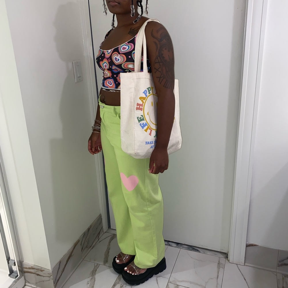 Colorful Heart crop Top & Lime Grn Wide Leg Jeans